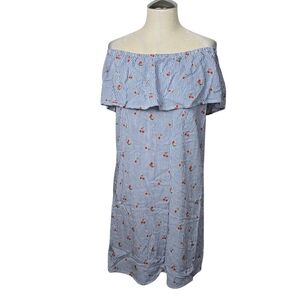 Potter's Pot Blue White Striped Red Cherries Off Shoulder Rayon Dress L